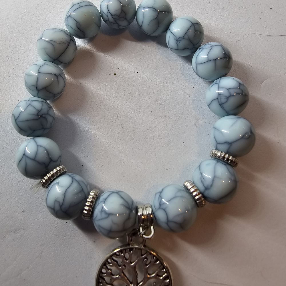 Silver and Blue Beaded Bracelet with Tree Charm
